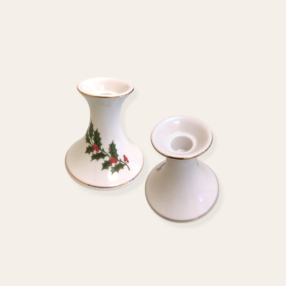Christmas Decor Holly Design Porcelain Candlestick Holders - Picture 2 of 2